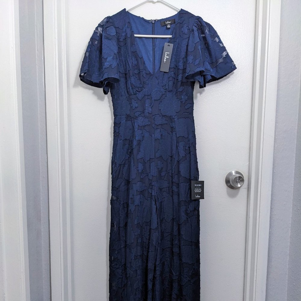 Lulus Navy Blue Floral Burnout Flutter Sleeve Jumpsuit - Picture 5 of 5